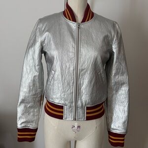Nasty Gal Silver Metallic Vegan Leather “Steel Your Heart” Bomber Jacket Medium